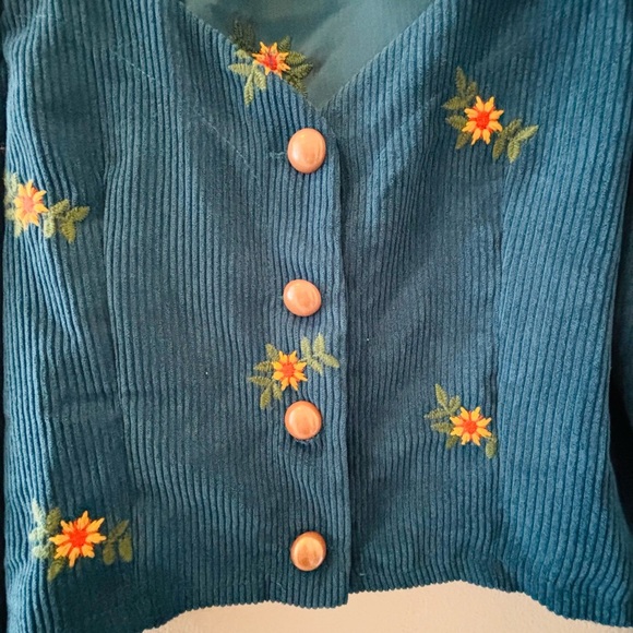 Embroidered Teal Corduroy Women's Top - Picture 4 of 6